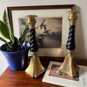Vintage brass and black matte twist candlestick holders. Tall large sturdy